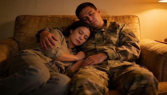 Soldier and partner sleeping on couch under warm lamp light, intimate cozy home scene