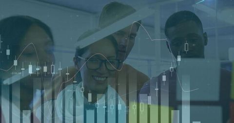 Team Collaborating on Data Analytics with Digital Graph Overlay