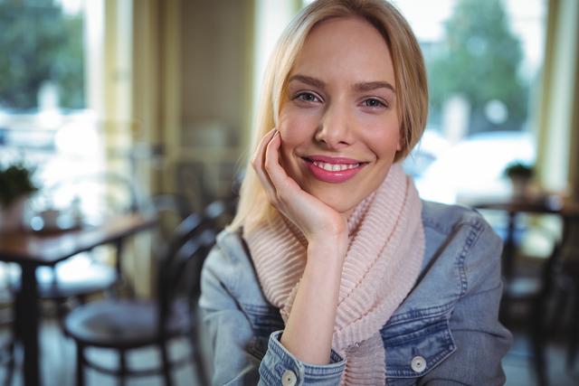Portrait of smiling woman sitting in cafÃ©