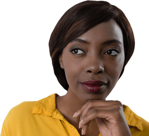 Thoughtful black woman in yellow outfit on transparent background