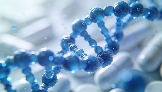 Glowing blue dna helix forming from beads with water droplets and blurred capsules