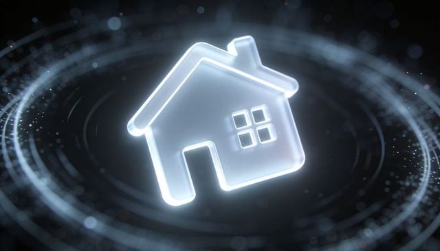 Glowing holographic house icon floating over digital vortex with concentric rings and particles