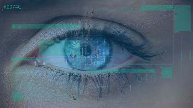 Visually dynamic representation of digital technology overlaying an eye. Perfect for concepts such as artificial intelligence, digital security, or future technology trends. Ideal for use in articles, presentations, or projects focused on technological advancements and interfacing with digital systems.