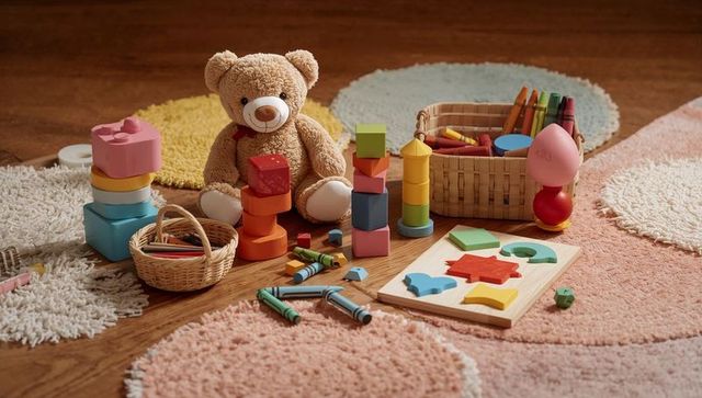 Plush teddy bear sitting among colorful wooden blocks and crayons on pastel play rug