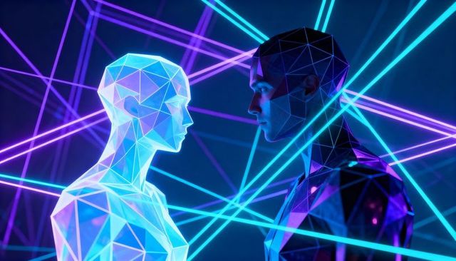 Two cybernetic avatars facing across neon laser grid in futuristic cyberpunk concept scene