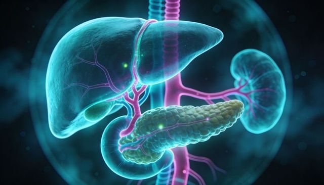Translucent 3d liver, pancreas and kidney with neon vascular network visualization