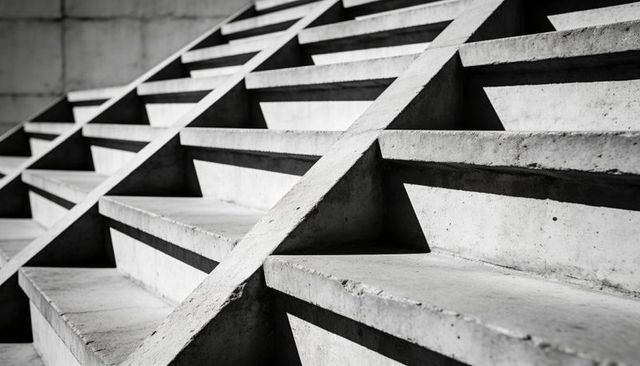 Sunlit Brutalist Concrete Steps Forming Diagonal Grid and Triangular Shadow Voids
