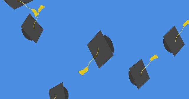 Digital image of multiple graduation hat icons falling against blue background. back to school and education concept