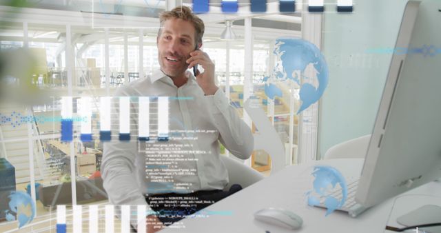Smiling businessman talking on phone with digital overlay. Futuristic global elements suggest technology, global business operations. Ideal for marketing, business communication strategies, corporate presentations, and articles on remote work, and advancements in office technology.