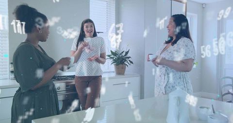 Three women chatting over coffee in modern bright kitchen with digital data overlay