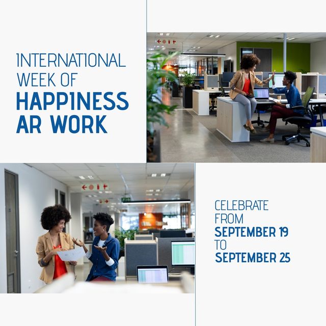 African american businesswomen working with international week of happiness at work text. Digital composite, happiness, workplace, celebration, employee happiness are integral to business's success.