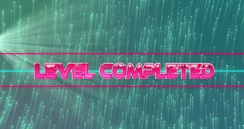 Neon Level Completed Graphic with Futuristic Teal Matrix Background