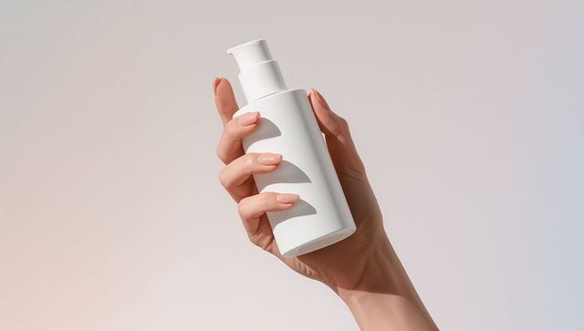 Clean hand holding minimalist skincare pump bottle