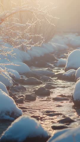 Sunrise casting golden glow over snowy creek and icy branches vertical winter nature video