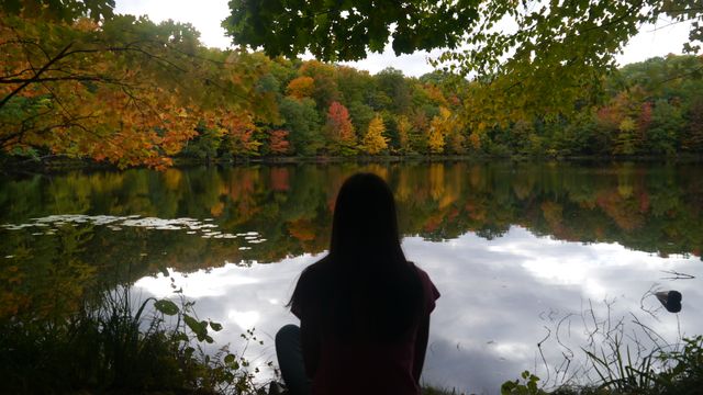 A woman is sitting beside a lake with colorful autumn foliage. The serene water reflects the trees and sky, creating a peaceful and calming scene. This image can be used for promoting nature retreats, relaxation and mindfulness, autumn travel destinations, and stress-relief techniques.