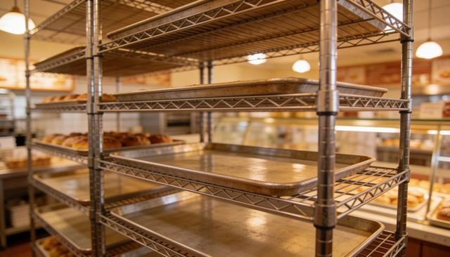 Empty stainless steel baking trays holding on wire racks with pastry display cases