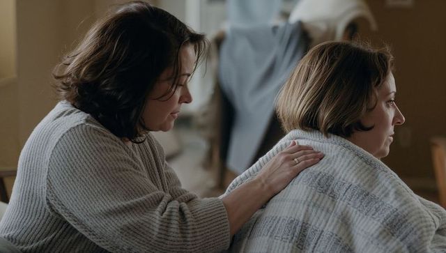 Women comforting friend with striped blanket in living room conveying empathy and warmth