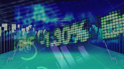 Digital Financial Data Overlaying Urban Skyline Concept