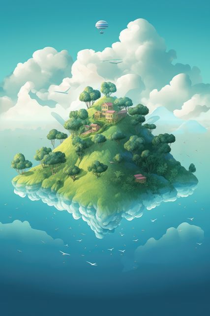 Surreal floating island with lush greenery, trees, and small houses surrounded by clouds. Ideal for fantasy, adventure, or serene landscape themes. Perfect for use in book covers, digital illustrations, or creative storytelling projects.