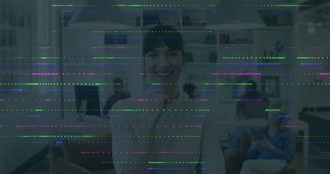 Woman in Modern Office with Futuristic Digital Overlay