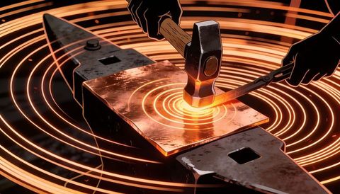 Blacksmith hammering glowing steel on anvil with sparks and circular heat waves
