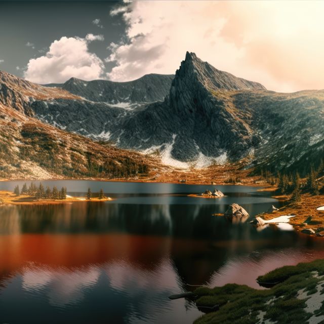 Scenery with mountains, river and sky with clouds created using generative ai technology. Landscape and nature concept digitally generated image.