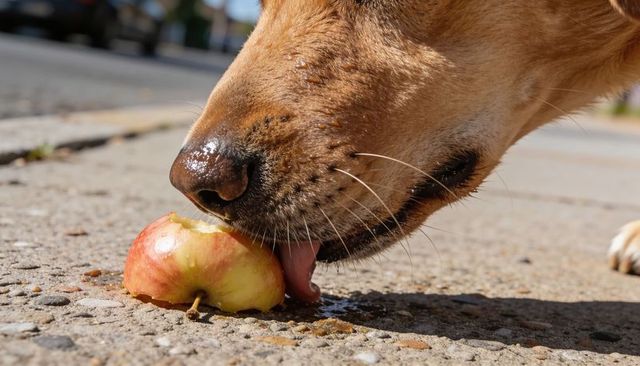 Close-up dog licking juicy apple on sunlit sidewalk muzzle tongue wet nose detail