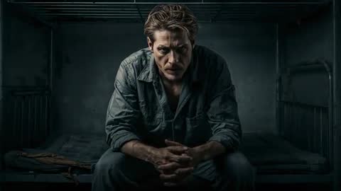 Staring Detainee Sitting on Bunk, Clasping Hands, Tense Gaze in Dim Cell