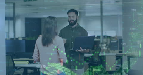 Colleagues Discussing Financial Data Overlay with Glitch Effect