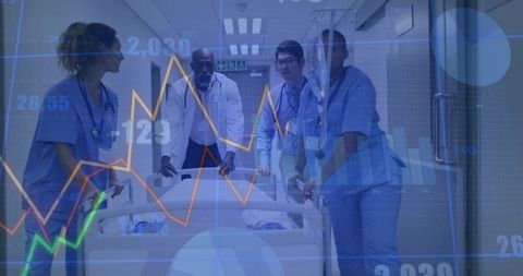 Medical Team Transporting Patient Bed with Data Overlay in Hospital Corridor