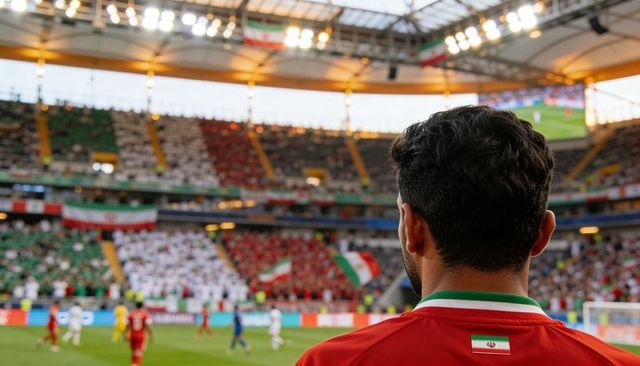 Iranian fan watching football match in stadium wearing red jersey and tricolor flag