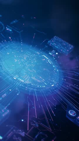 Vertical holographic disc activating and pulsing neon data traces across circuit network