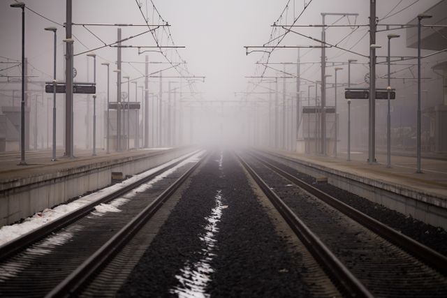 Empty train station with tracks disappearing into thick fog, creates moody and eerie atmosphere. Suitable for concepts of loneliness, travel, waiting, urban environments, and suspenseful scenes in media.