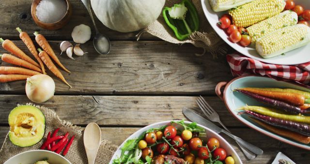 Close up view of multiple food ingredients and vegetables on wooden surface - Download Free Stock Photos Pikwizard.com