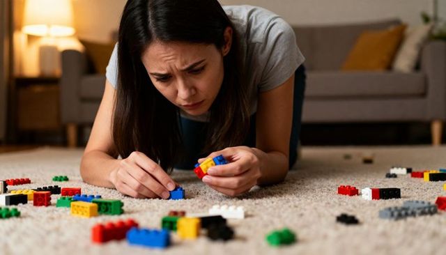 Focused woman assembling colorful toy bricks on carpeted living room floor
