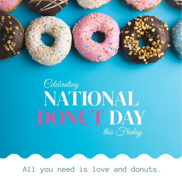 Ideal for promotional materials or social media posts, this festive image of colorful donuts with various frostings and sprinkles highlights the fun and indulgence of National Donut Day. It evokes feelings of celebration and can be used in marketing campaigns, blog posts, or any content celebrating sweet treats and desserts.