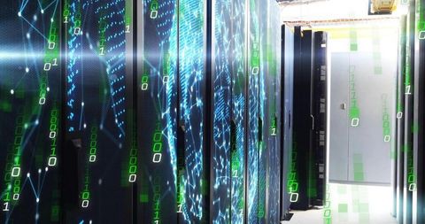 Streaming Neon Binary Across Server Racks with Circuitry Graphics in Futuristic Data Center