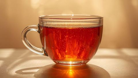 Glowing Amber Tea in Clear Glass Cup with Backlit Warm Glow and Rim Bubbles