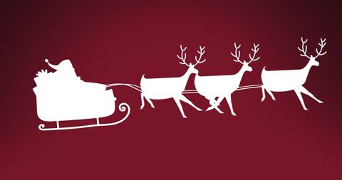 Silhouette of Santa Claus in Sleigh with Reindeer on Red Background