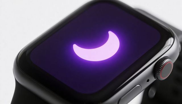 Smartwatch night mode showing purple crescent moon on dark display macro close-up wearable