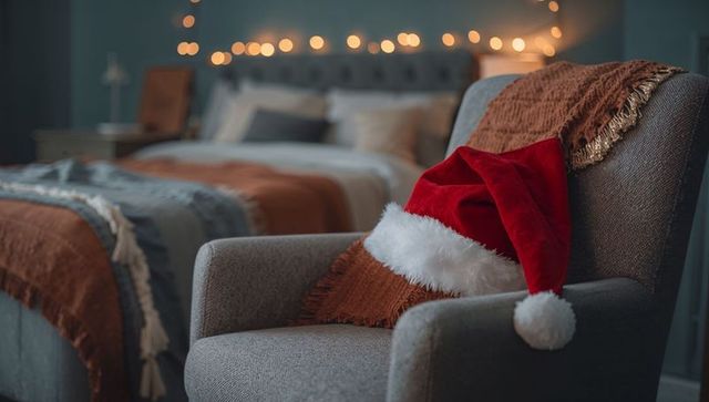 Red velvet santa hat resting on cozy gray armchair with warm christmas bedroom bokeh