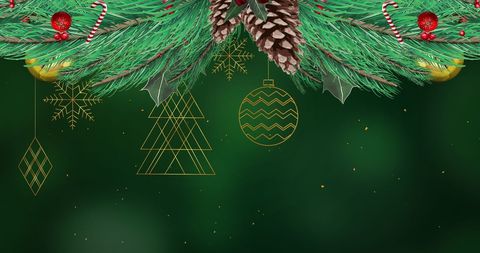 Festive Christmas Garland with Ornaments on Green Background