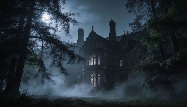 Moonlit gothic manor looming in foggy pine forest with warm glowing bay windows