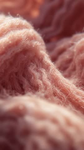 Vertical macro video shifting focus across pink knitted wool, revealing soft fuzzy texture
