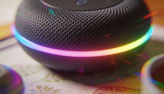 Glowing puck smart speaker with rgb led halo and woven fabric grille closeup for smart home