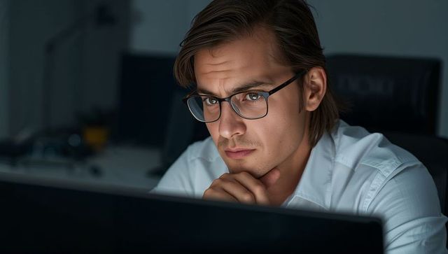 Focused young professional wearing glasses studying computer screen at late-night office