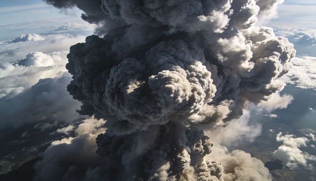 Volcanic plume towering through cloud layer forming umbrella-shaped ash column
