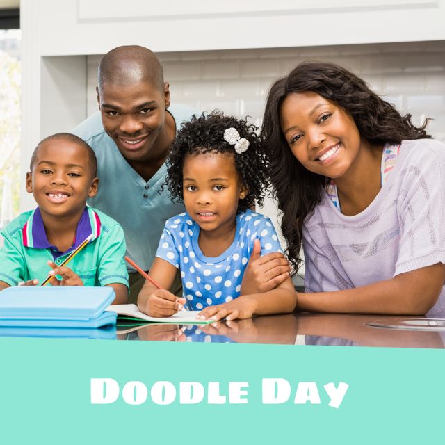 Composite of portrait of african american parents with children at table at home and doodle day text. Family, childhood, drawing, art, epilepsy, support, research, healthcare, fundraising, awareness.