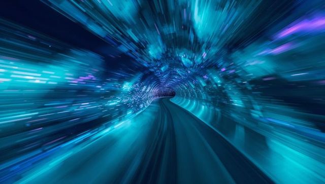 High-speed neon tunnel curving central guideway with streaking pixel lights and motion blur