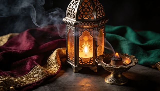 Glowing ornate brass lantern casting amber light with burning candle and smoldering incense